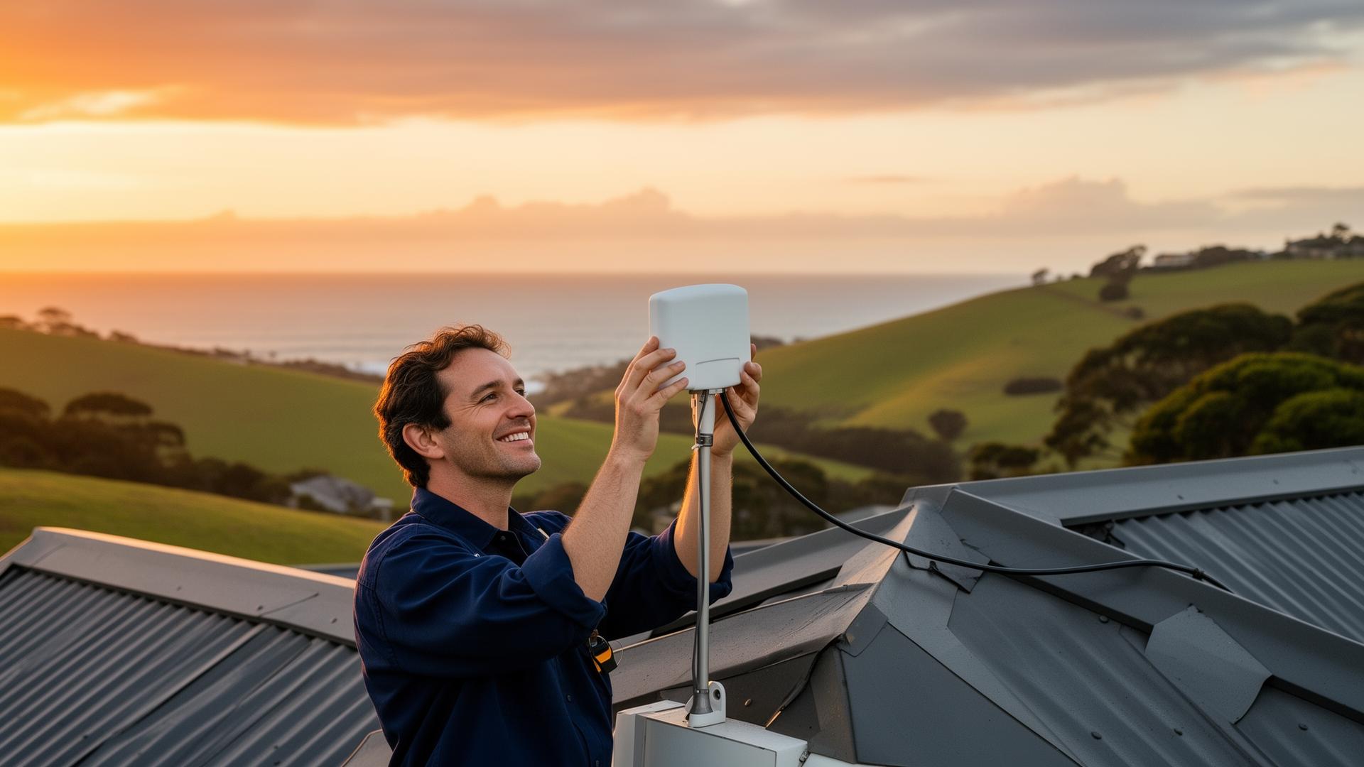 Local technician installing a mobile signal antenna on a coastal Victorian home